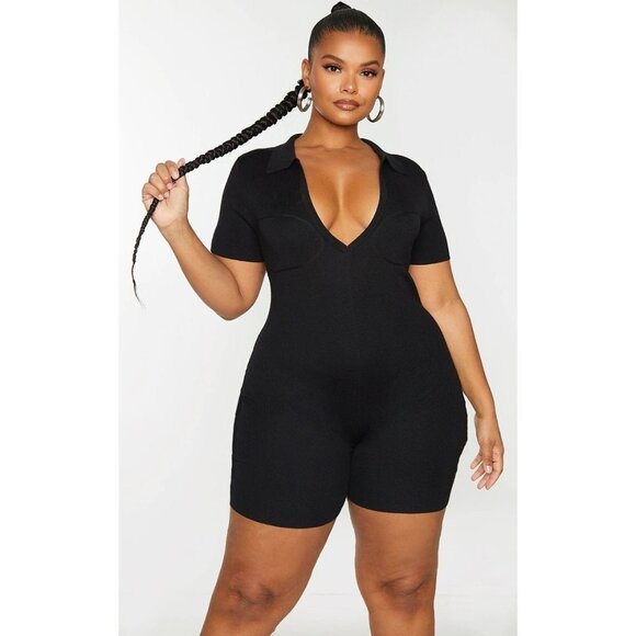 NWT PRETTYLITTLETHING PLUS BLACK FINE KNIT BUST DETAIL COLLARED SEAMLESS UNITARD - Picture 1 of 8